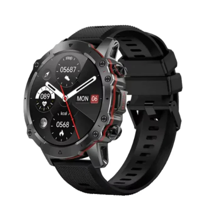 Sleek black smartwatch with analog and digital display, red accents, showing time, date, steps, and heart rate on a black background