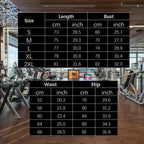Sleeveless-Yoga-Bodysuit comprehensive size chart showing length, bust, waist and hip measurements in cm and inches for sizes S through 2XL