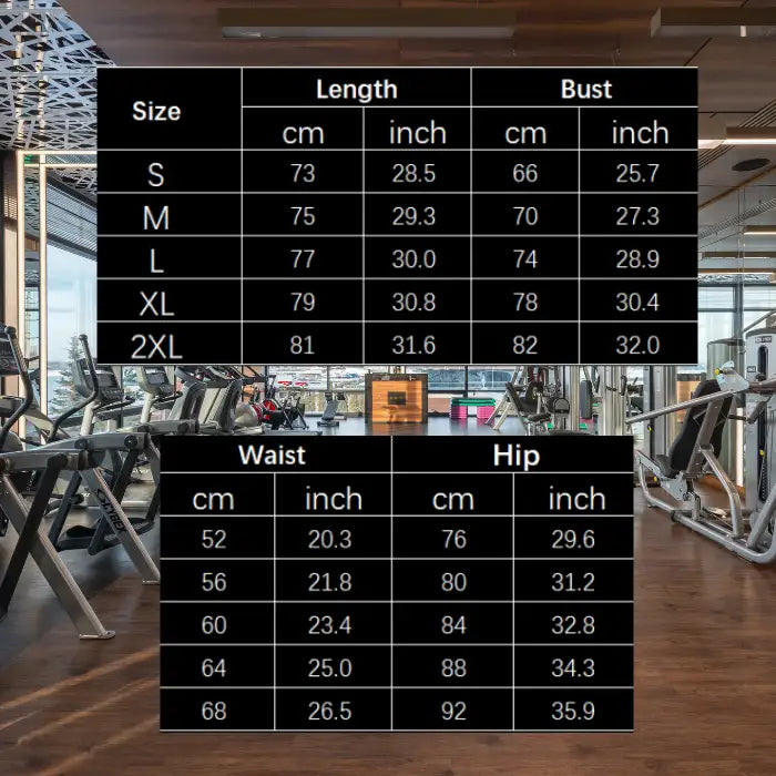 Sleeveless-Yoga-Bodysuit comprehensive size chart showing length, bust, waist and hip measurements in cm and inches for sizes S through 2XL