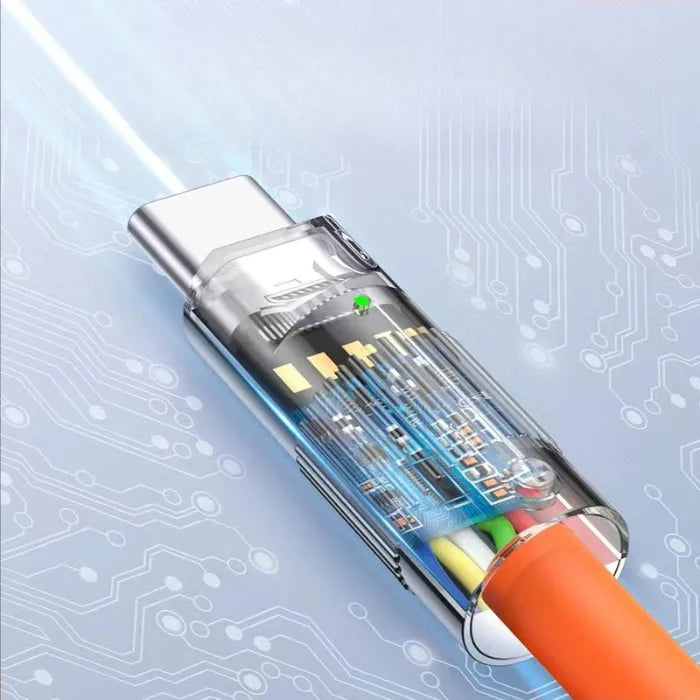 Illustration of USB cable's smart chip technology for stable and regulated current flow.