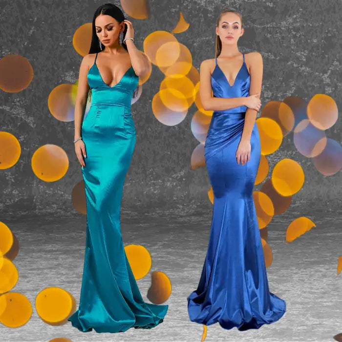 Comparison showing the satin formal dress in both teal and royal blue options. Shop your preferred color for this backless evening gown.