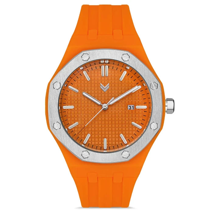 Hummel HM-2004MA-5 luxury sports watch with vibrant orange dial and silver octagonal bezel.