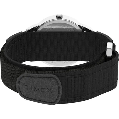 Detailed view of black leather watch band showing stitching pattern and Timex branding