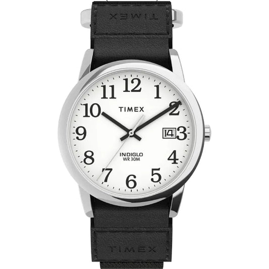 Timex analog watch with white dial, black numbers, date window, black leather strap and silver case