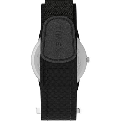 Back view of black leather watch band showing embossed Timex logo and textured material