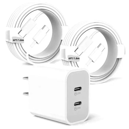 Two 6FT USB-C cables with a dual-port 20W charger. white design, perfect for simultaneous device charging.