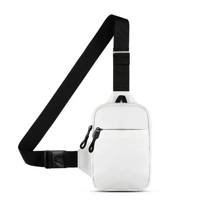 Minimalist white sling bag with black adjustable strap, front zippered pocket, and main compartment for versatile use