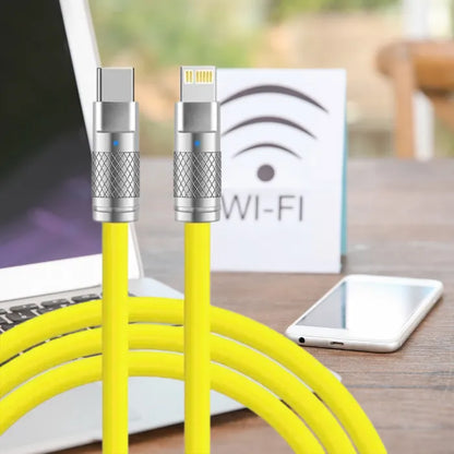 Flexible 120W charging cable in yellow, with Type C to iOS compatibility for fast charging.