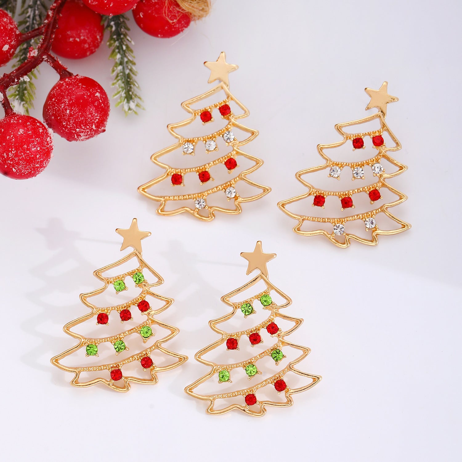 Christmas Tree Earrings Gold Red Green Festive Sparkle