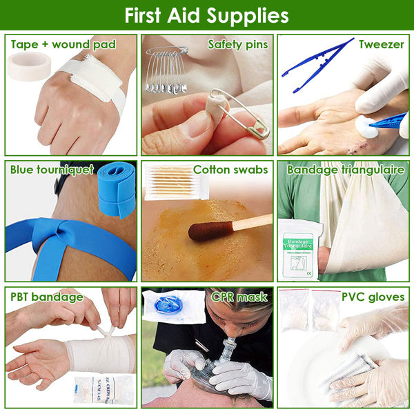 Collage of first aid supplies including tape, safety pins, tweezers, bandages, and CPR mask.