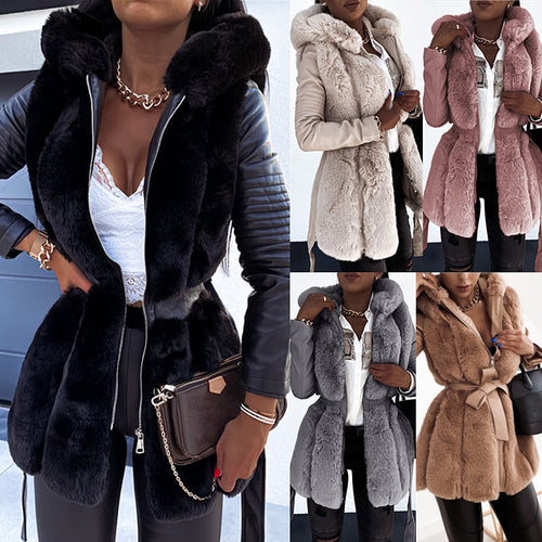 New Style Fur Belt Belt Hooded Zipper Jacket Women's Clothing - UrSuperMart