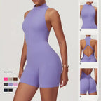 activewear jumpsuit in soft lavender featuring front zip closure, mock neck design and distinctive diamond-shaped open back with ruched detail