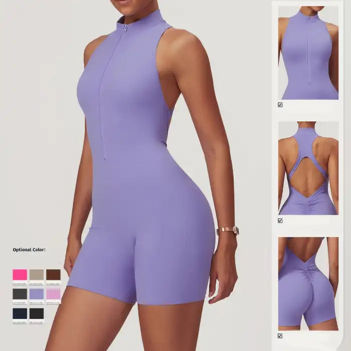 activewear jumpsuit in soft lavender featuring front zip closure, mock neck design and distinctive diamond-shaped open back with ruched detail