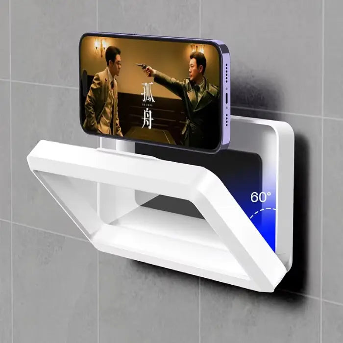 Adjustable bathroom phone holder with 60-degree tilt, mounted on tile wall for convenient media viewing during personal care routines