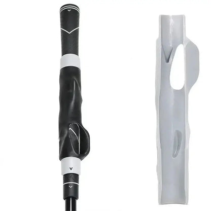 Two golf grips side by side, one black with white accents and adjustable features, one plain white