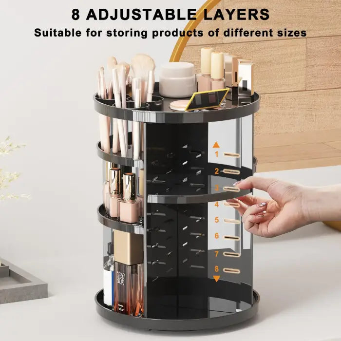  Adjustable layer storage organizer with 8 customizable levels for various cosmetic products.