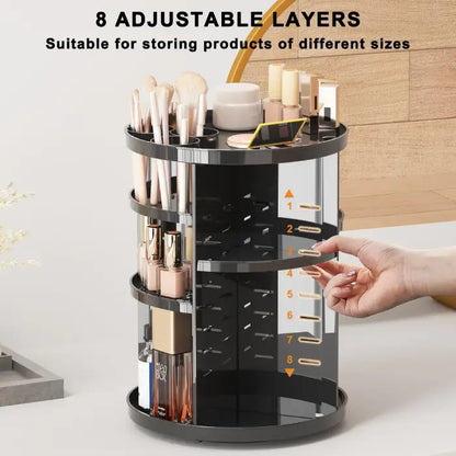  Adjustable layer storage organizer with 8 customizable levels for various cosmetic products.