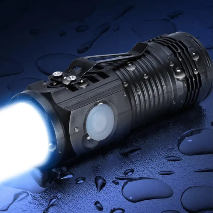 LED flashlight demonstrating three lighting modes: strong, low, and flashing.