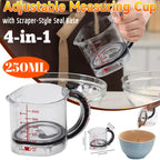 Adjustable measuring cup 4-in-1 design with scraper base and 250ml capacity displayed.
