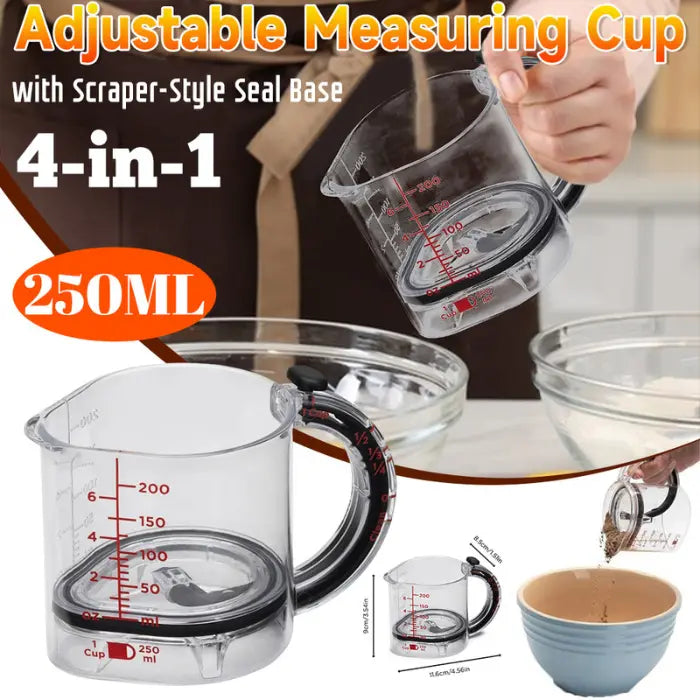 Adjustable measuring cup 4-in-1 design with scraper base and 250ml capacity displayed.
