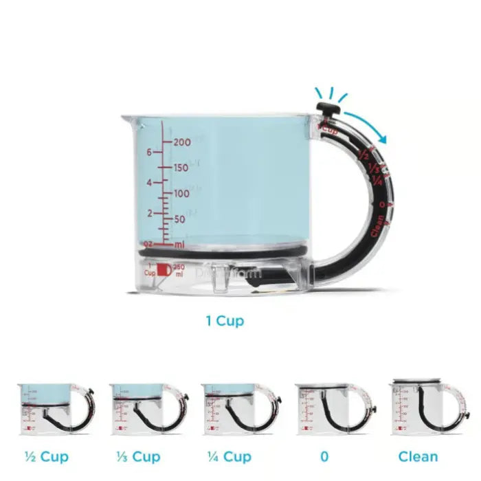 Adjustable measuring cup displaying 1 cup, half cup, third cup, quarter cup, and clean positions.