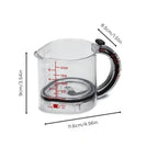 Adjustable measuring cup with labeled dimensions for height, length, and handle depth.