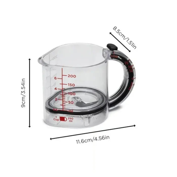 Adjustable measuring cup with labeled dimensions for height, length, and handle depth.