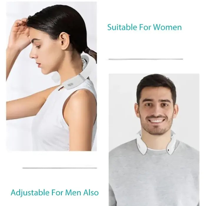 Neck massager shown on a woman and a man, highlighting its adjustable and unisex design.