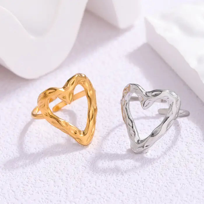 adjustable open heart ring set featuring gold and silver textured designs displayed together, offering a stylish minimalist jewelry pairing