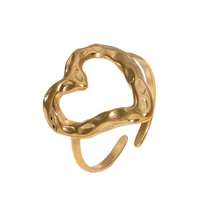 adjustable open heart ring in gold with hammered sculpted texture shown isolated, highlighting a classic minimalist modern accessory