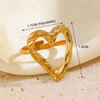 adjustable open heart ring in textured gold shown with size measurements, offering clarity for fit and showcasing a modern sculpted design