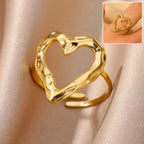 adjustable open heart ring in polished gold shown on satin with inset wear view, highlighting its elegant sculpted style for everyday fashion