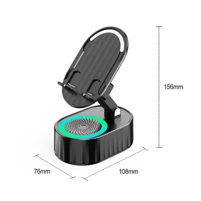 Technical specifications showing 156mm height, 108mm length, and 76mm width of black phone holder with green LED accent