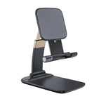 Adjustable phone stand in sleek black finish with stable base and modern design, ideal for hands-free viewing and workspace use.