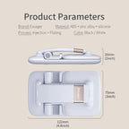 Adjustable phone stand shown folded compactly with product dimensions, highlighting portable mobile holder design for easy storage.