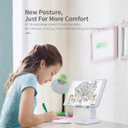 Adjustable phone stand tilted for ergonomic viewing as a child studies at a desk, providing stable posture support and comfort.