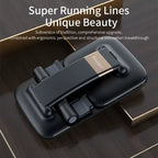 Adjustable phone stand folded into compact black design with premium finish, offering portable, stable device holder convenience.