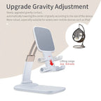 Adjustable phone stand with upgraded gravity adjustment feature for improved stability and ergonomic widescreen device support.