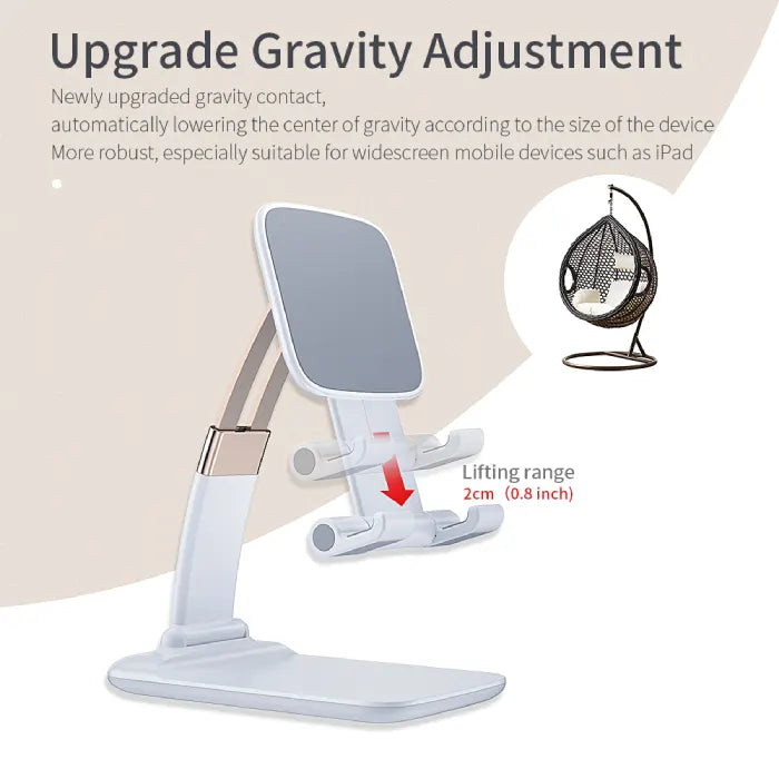Adjustable phone stand with upgraded gravity adjustment feature for improved stability and ergonomic widescreen device support.