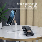 Adjustable phone stand shown in white and black providing hands-free convenience with compact foldable design for daily use.