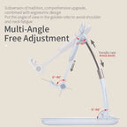 Adjustable phone stand diagram showing full multi-angle motion and height flexibility for ergonomic viewing and comfort.