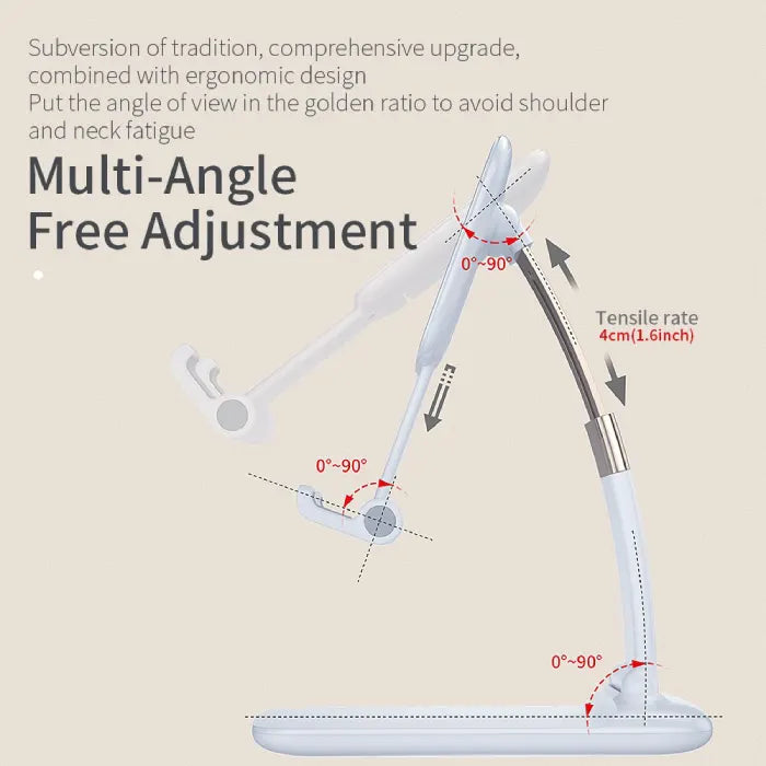 Adjustable phone stand diagram showing full multi-angle motion and height flexibility for ergonomic viewing and comfort.