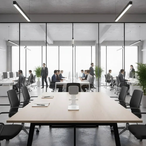 Adjustable phone stand positioned on office conference table, enhancing ergonomic device viewing in a modern collaborative workspace.