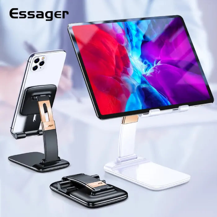 Adjustable phone stand holding phone and tablet in premium dual setup, showing stable support with ergonomic viewing benefits.