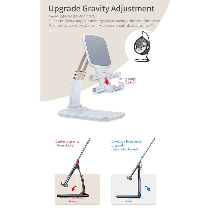Adjustable phone stand with premium gravity balance design shown lifting for stable device support, offering ergonomic comfort benefits