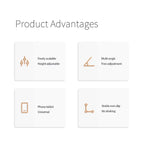 Adjustable phone stand feature overview highlighting height adjustment, multi-angle support, universal use, and stable non-slip base.