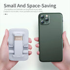 Adjustable phone stand folded into a compact size beside a smartphone, highlighting portable space-saving mobile holder benefits.