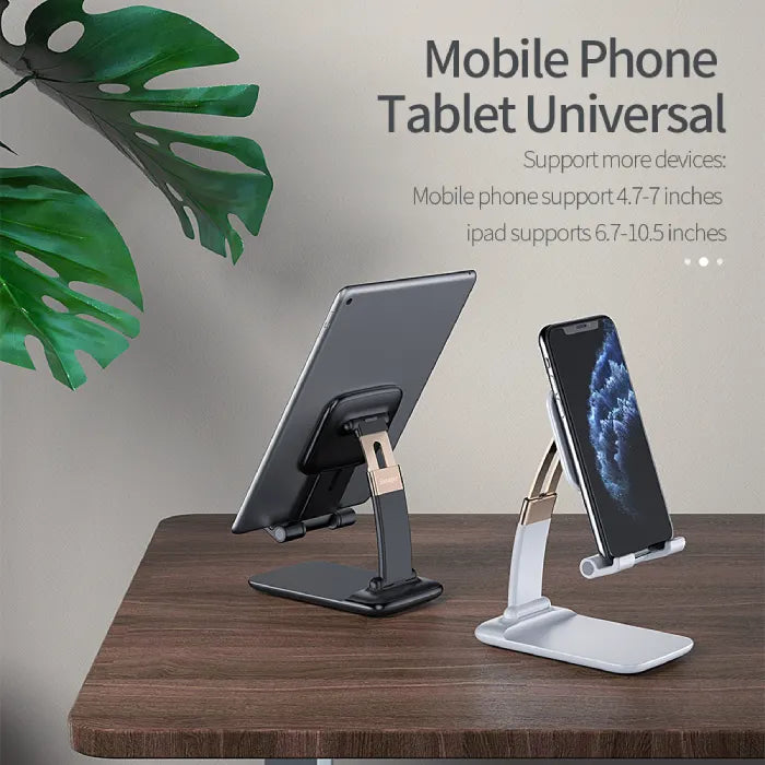 Adjustable phone stand shown supporting tablet and smartphone, highlighting universal compatibility and stable ergonomic design.