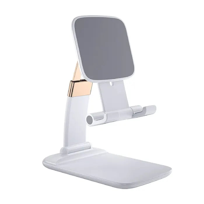 Adjustable phone stand in sleek white finish with modern minimal design, offering stable device support for hands-free use.