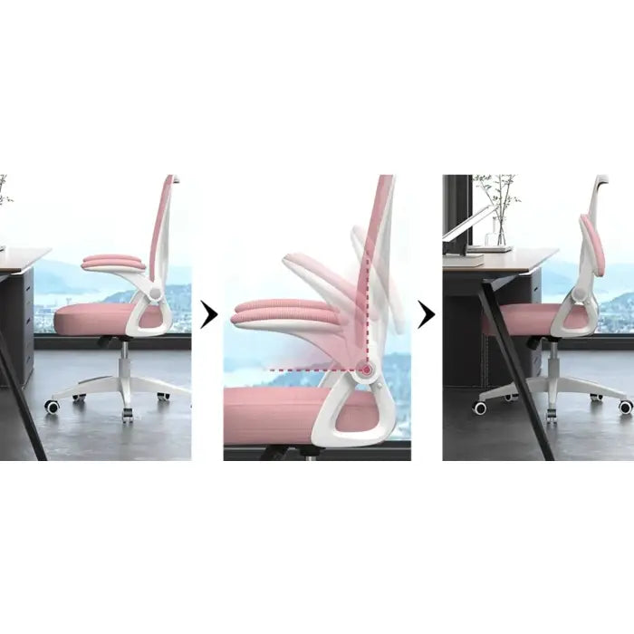 Sequence showing adjustable features of a pink and white office chair, including reclining backrest and height adjustment